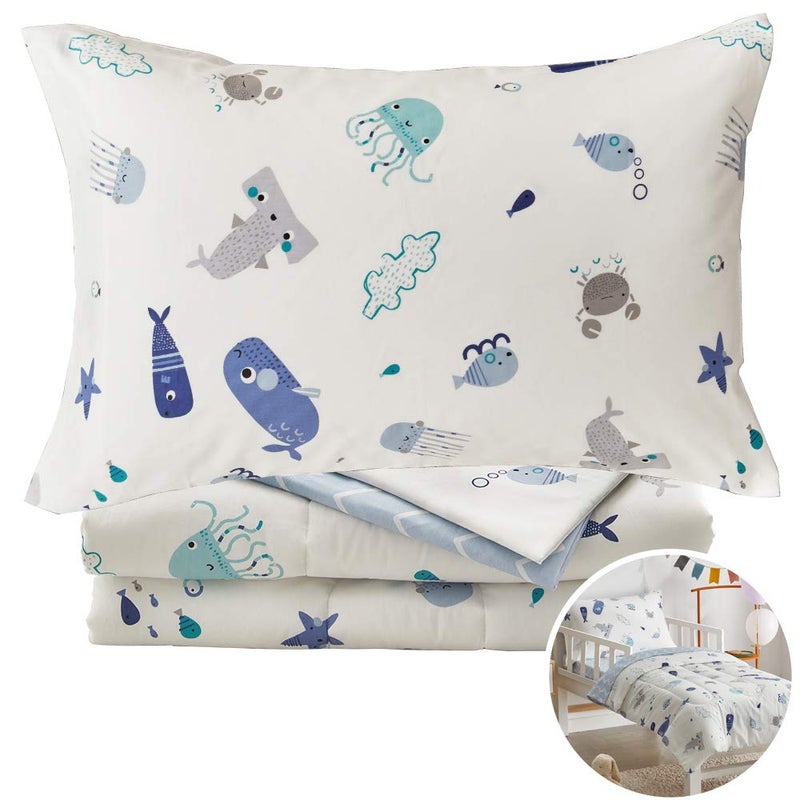 Joyreap 4 Piece Cotton Toddler Bedding Set for Kids Boys n Girls, Ocean Style Starfish Whale Crab Printed, Includes Quilted Comforter, Fitted Sheet, Top Sheet, and Pillow Case - Image 1